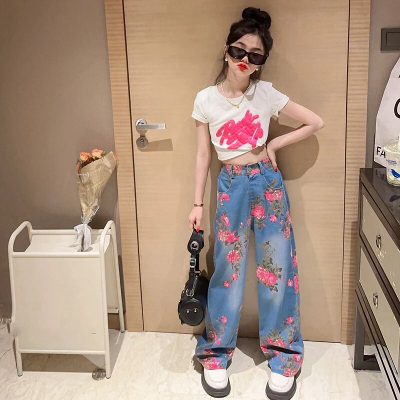 Blugi de primăvară fete Street Style Denim 2024 Noua personalitate la modă Copii mari Flori Pantaloni largi Pantaloni de primăvară și toamnă