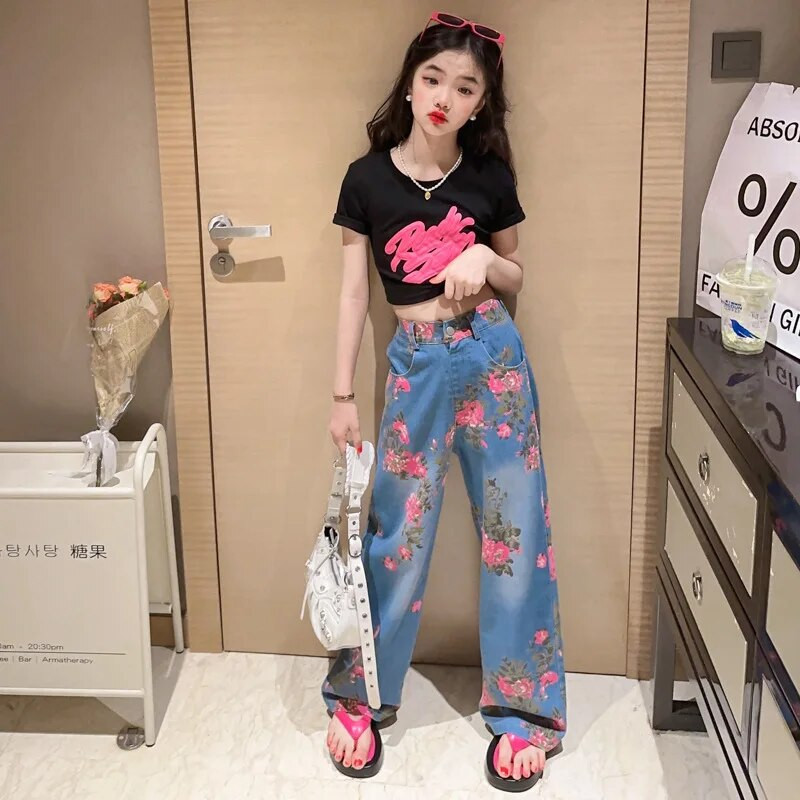 Blugi de primăvară fete Street Style Denim 2024 Noua personalitate la modă Copii mari Flori Pantaloni largi Pantaloni de primăvară și toamnă