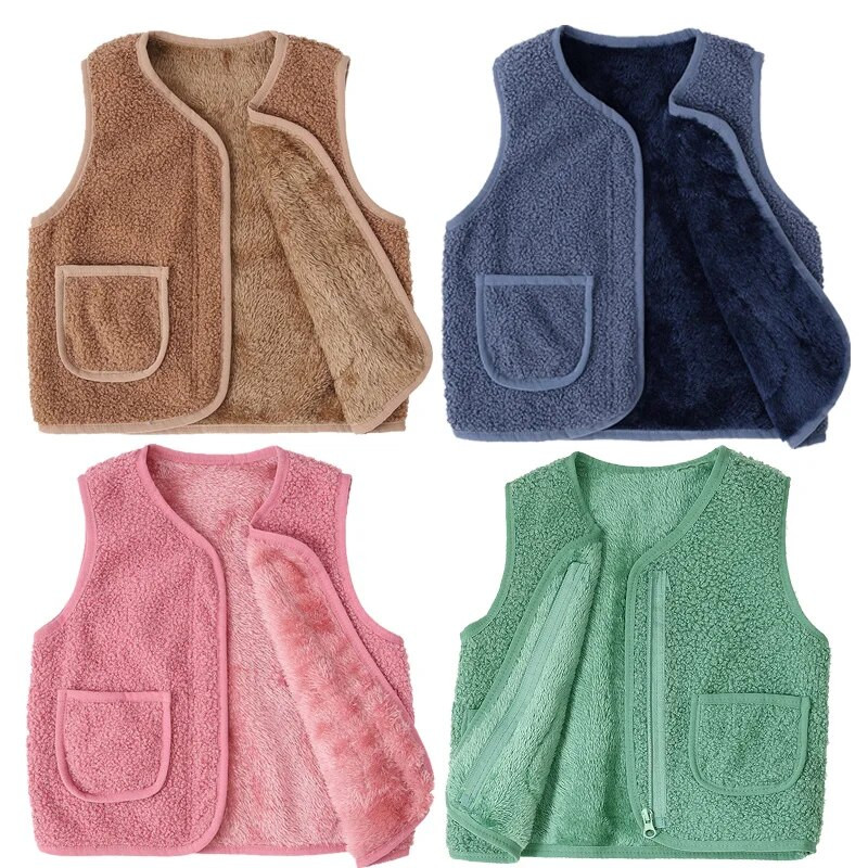 Mergaičių liemenė rudeninė žiema berniukų nauja V formos kaklo saldainių spalvos laisvalaikio šilta ėriuko aksominė striukė be rankovių 1–9 metų madingi drabužiai vaikams