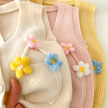 Ανοιξιάτικο φθινόπωρο Πλεκτό γιλέκο για κορίτσια με V λαιμόκοψη Αμάνικα λουλούδια Γιλέκο Χαριτωμένα παιδικά πλεκτά μπλουζάκια 1-5 ετών