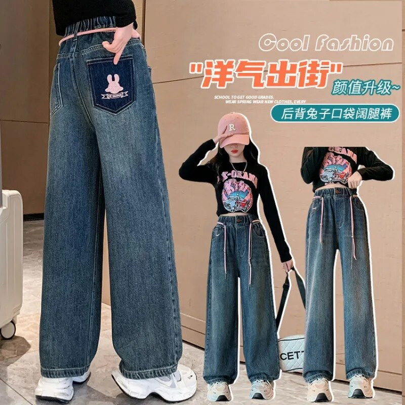 Ruházat Baba Gyerek Lány Nadrág Csecsemő Farmer Nadrág Gyerek Lány Magas Derék Jean Gyerek Egyenes szárú Széles nadrág 6-14Y