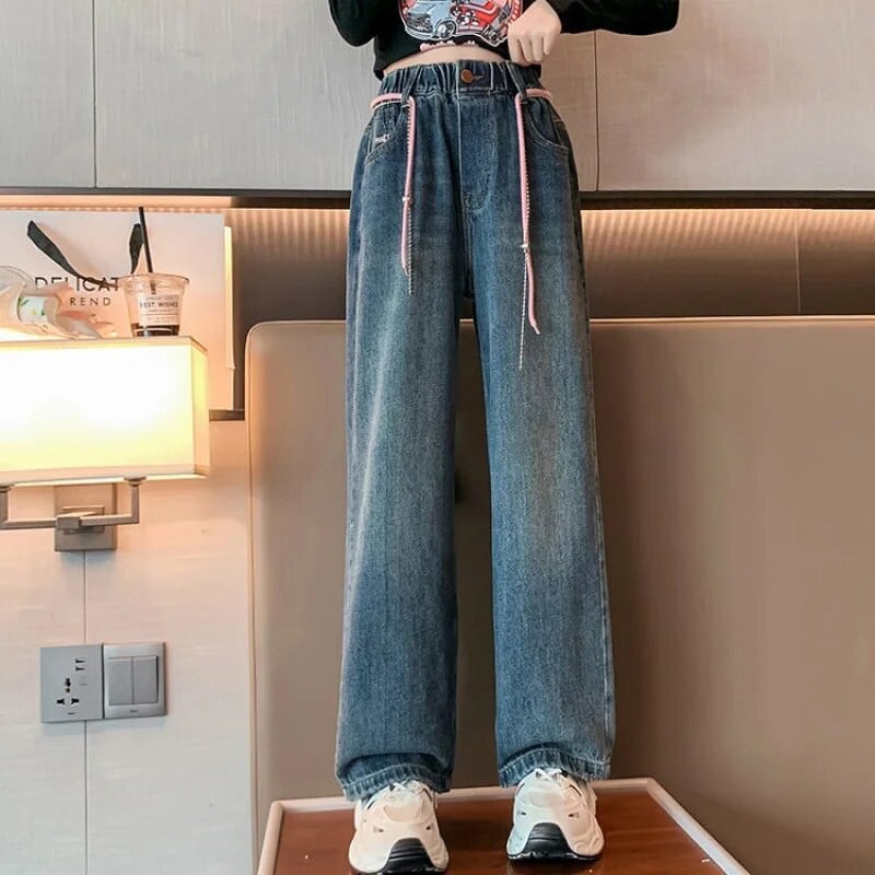 Ruházat Baba Gyerek Lány Nadrág Csecsemő Farmer Nadrág Gyerek Lány Magas Derék Jean Gyerek Egyenes szárú Széles nadrág 6-14Y