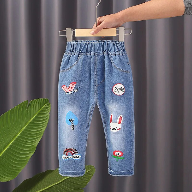 Blugi pentru fetiță Pantaloni lungi cu flori pentru copii, primăvară, toamnă, pictură cu graffiti, imprimeu desen animat, pantaloni casual cu găuri, pantaloni denim pentru copii