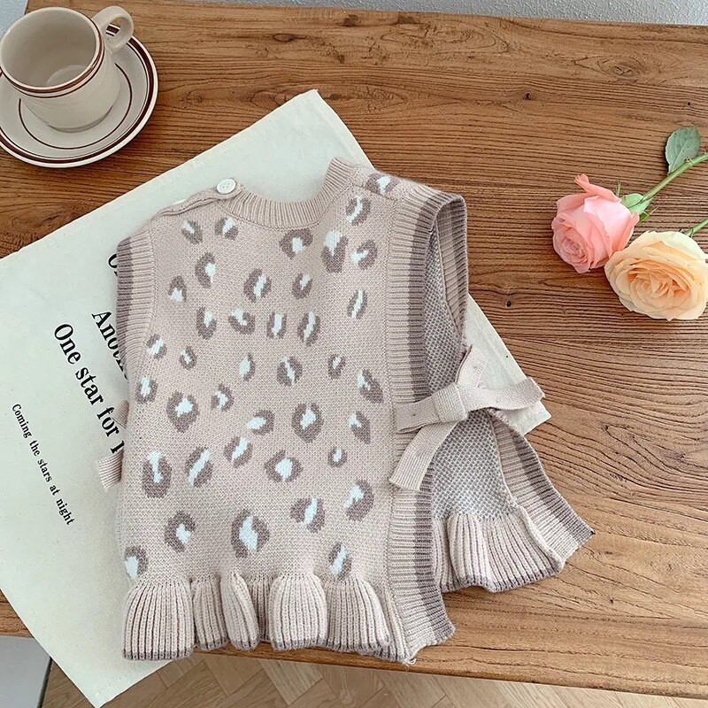 Novi prsluk za malu djecu, djevojčice, leopard, 0-6 godina, modni dječji pleteni prsluk s volanima, pletenina, proljetna odjeća
