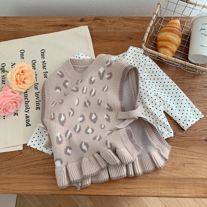 Novi prsluk za malu djecu, djevojčice, leopard, 0-6 godina, modni dječji pleteni prsluk s volanima, pletenina, proljetna odjeća