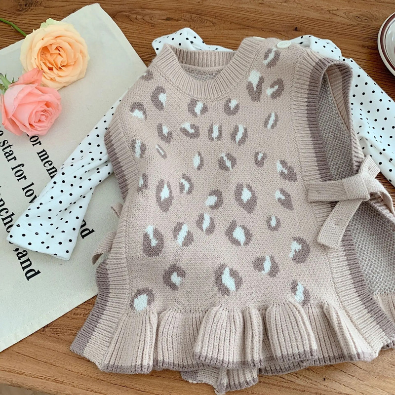 Novi prsluk za malu djecu, djevojčice, leopard, 0-6 godina, modni dječji pleteni prsluk s volanima, pletenina, proljetna odjeća