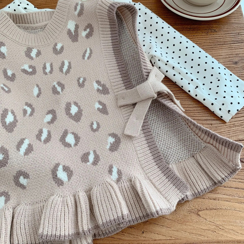Novi prsluk za malu djecu, djevojčice, leopard, 0-6 godina, modni dječji pleteni prsluk s volanima, pletenina, proljetna odjeća