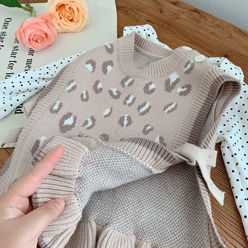 Novi prsluk za malu djecu, djevojčice, leopard, 0-6 godina, modni dječji pleteni prsluk s volanima, pletenina, proljetna odjeća