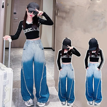 Дънки за момичета Есенни панталони в уличен стил Момиче Големи деца Персонализирани дънки с накъсан ръб 2023 Нови есенни панталони