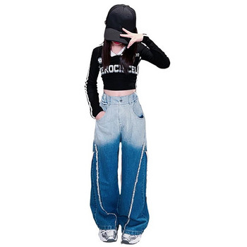Дънки за момичета Есенни панталони в уличен стил Момиче Големи деца Персонализирани дънки с накъсан ръб 2023 Нови есенни панталони