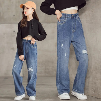 Нови дънки за момичета Пролет Есен Свободни прави широки панталони Детски панталони Дънки за деца 8 10 12 години Панталони с еластична талия