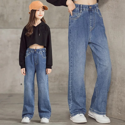 New Girls Jeans Spring Autumn Loose Straight Wide Leg Pants Kids Trousers Jeans for Children 8 10 12 Years Elastic Waist Pants