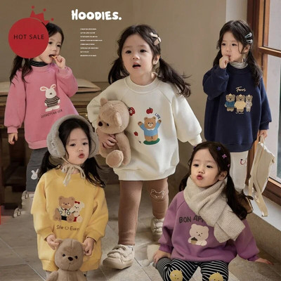 Пуловер с качулка за момичета и суичър с кадифе от полар, детска мода от една част с дебело яке, детско суичър с качулка