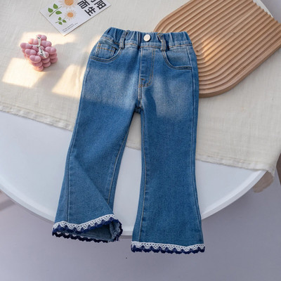 Girls` Spring and Autumn Jeans 18M-8Y Children`s Lace Flare Pants Baby Wide Leg Pants Fashionable Casual Pants