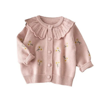 Палто за момиче Пролетна и есенна рокля малка Дейзи бродиран пуловер жилетка детска с дълъг ръкав плетено палто с яка за кукли