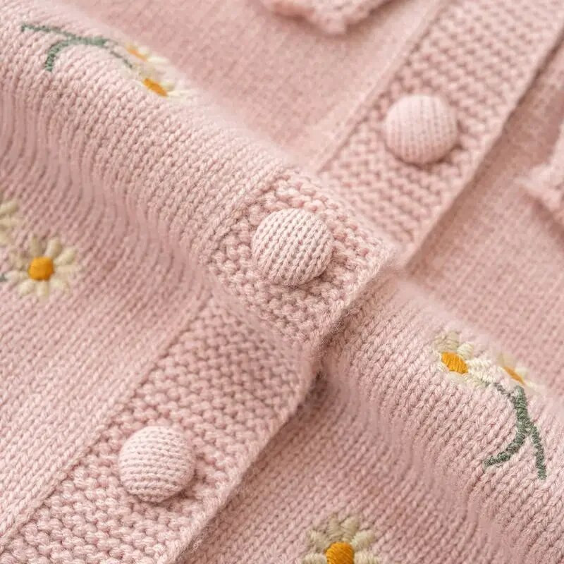 Palton pentru fetiță Rochie de primăvară și toamnă, pulover brodat Daisy, cardigan pentru copii, cu mânecă lungă, haină tricotată cu guler de păpușă