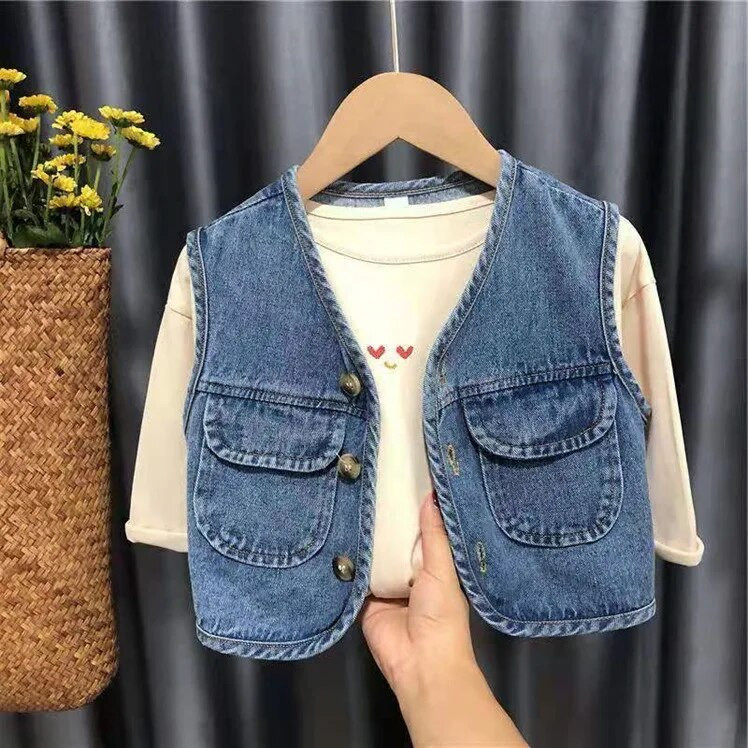 2023 m. pavasario ruduo, vaikų berniukų liemenė, medvilninė džinsinio audinio viršutiniai drabužiai be rankovių, vintažinė liemenė su kišenėmis kūdikiams