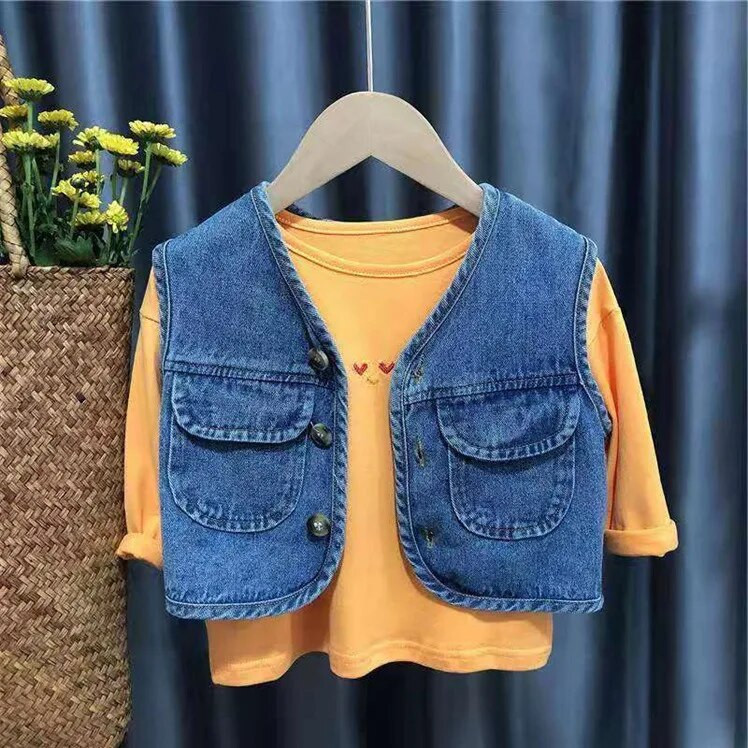 2023 m. pavasario ruduo, vaikų berniukų liemenė, medvilninė džinsinio audinio viršutiniai drabužiai be rankovių, vintažinė liemenė su kišenėmis kūdikiams