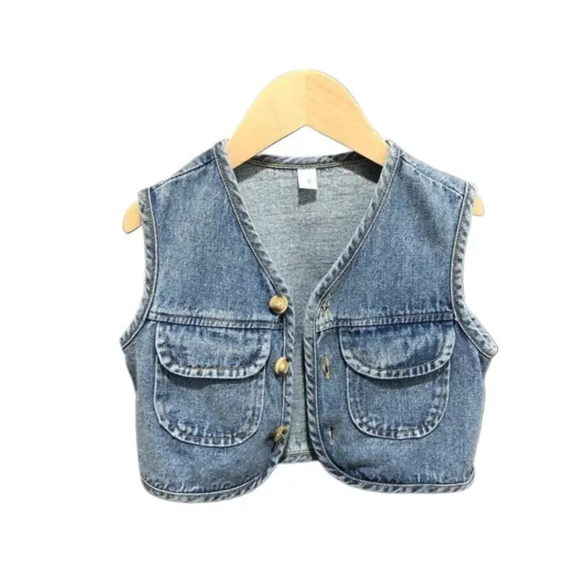 2023 m. pavasario ruduo, vaikų berniukų liemenė, medvilninė džinsinio audinio viršutiniai drabužiai be rankovių, vintažinė liemenė su kišenėmis kūdikiams
