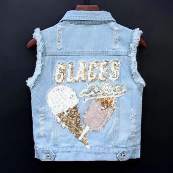 Βρεφικό τζιν γιλέκο κινουμένων σχεδίων παλτό παλτό για μωρό Παιδικές παγιέτες κέντημα για κορίτσια γιλέκο Παιδικά ρούχα Εξωτερικά ενδύματα