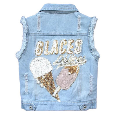 Baby Girl`s Denim Cartoon Vest  Jacket Coat Outfits Toddler Kids Sequins Embroidery Girls Waistcoat Children Clothing Outerwear