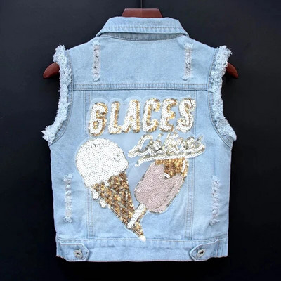 Vestă din denim pentru fetiță, cu desene animate, jachetă, haine, ținute pentru copii mici, broderii cu paiete, vestă pentru fete, îmbrăcăminte pentru copii, îmbrăcăminte exterioară