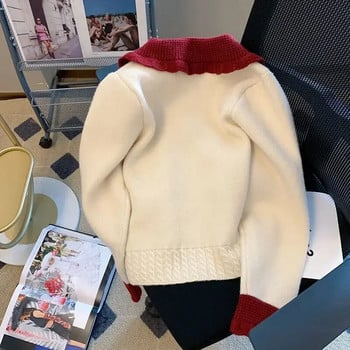 Пуловери Нови ретро корейски яка с ревери Червени Универсални плетене Отворен шев Soild Print Sweet Прекрасен мек Нов продукт