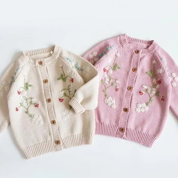 2024 Κορεάτικη μόδα πλέξη ζακέτα για βρεφικά κορίτσια για το φθινόπωρο Χειμώνα παιδικό παλτό πουλόβερ με κέντημα για κορίτσια Παιδικό υπέροχο πλεκτό παλτό