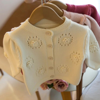 Есенен детски пуловер Трикотажно облекло за момичета Обло деколте Куха жилетка с 3D цветя Топ Универсално палто Модно детско облекло