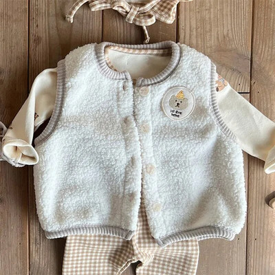2023 Korean Spring Autumn Baby Boy Vest Patched Cartoon Bear Brand Cotton Waistcoat Single Breasted Warm Thick Infant Boy Outfit
