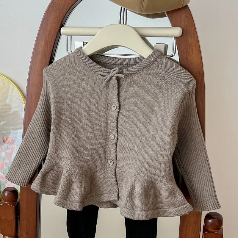 2024 Pulover s punim rukavima s O-ovratnikom, uobičajene dužine, jednobojni pamučni pleteni kaput s volanima, elegantan ležeran proljetni kardigan za djevojčice