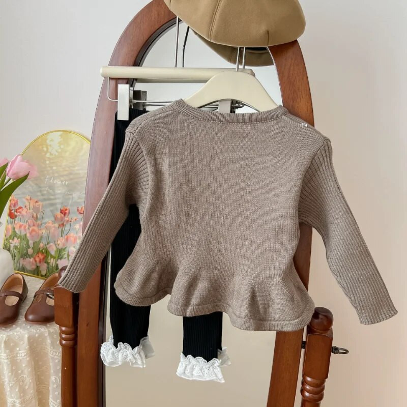 2024 Pulover s punim rukavima s O-ovratnikom, uobičajene dužine, jednobojni pamučni pleteni kaput s volanima, elegantan ležeran proljetni kardigan za djevojčice