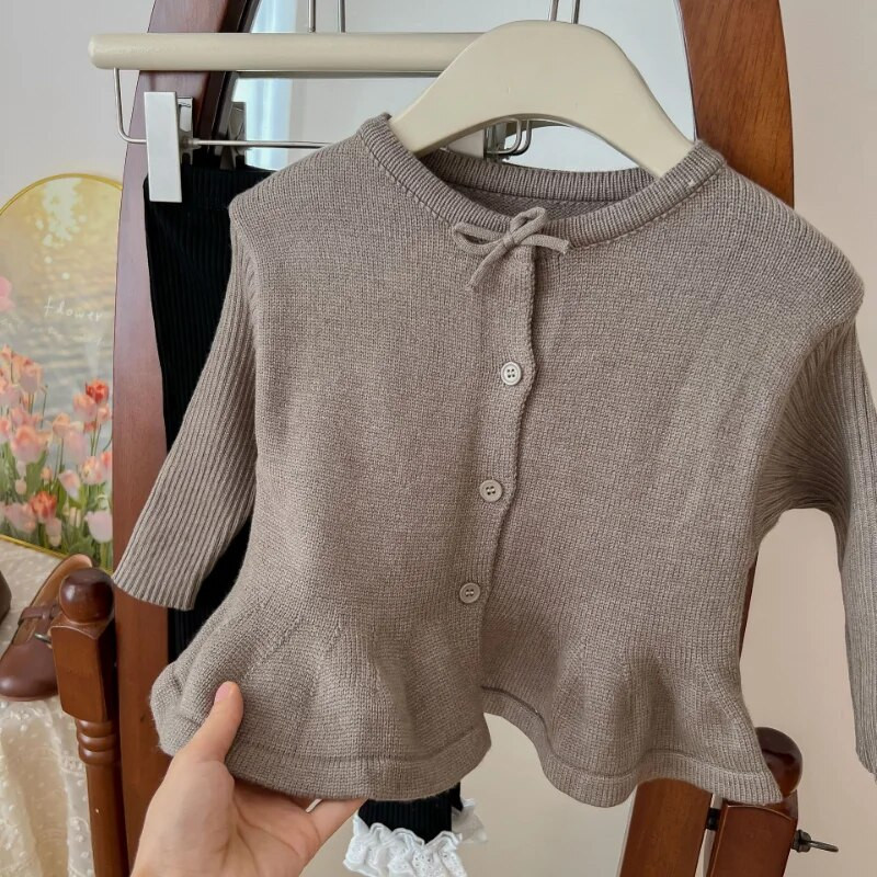 2024 Pulover s punim rukavima s O-ovratnikom, uobičajene dužine, jednobojni pamučni pleteni kaput s volanima, elegantan ležeran proljetni kardigan za djevojčice