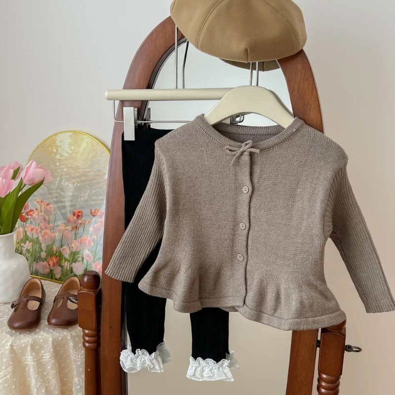 2024 Pulover s punim rukavima s O-ovratnikom, uobičajene dužine, jednobojni pamučni pleteni kaput s volanima, elegantan ležeran proljetni kardigan za djevojčice