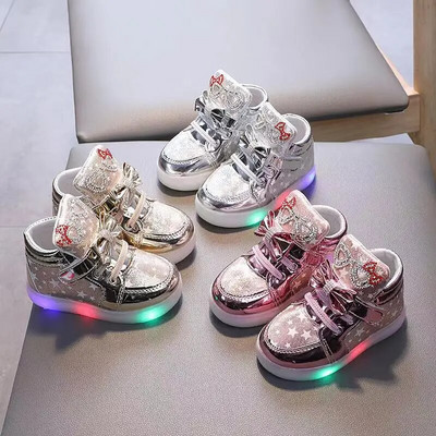 2024 Бебешки момичета LED леки маратонки Детски сладки светещи обувки на принцеса Детски спортни обувки със светещ блясък Размер 21-30