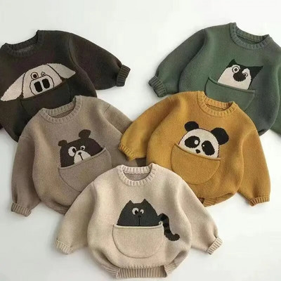 Children`s Pocket Cartoon Autumn Winter Korean Edition  Sweater For Boys And Girls Clothing Baby Pullover Knitted Bottom Sweater