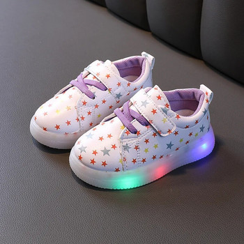 Детски LED обувки Светещи детски ежедневни обувки Модни щампи PU кожени обувки за момичета Мека подметка Неплъзгащи се маратонки Сладки бордови обувки
