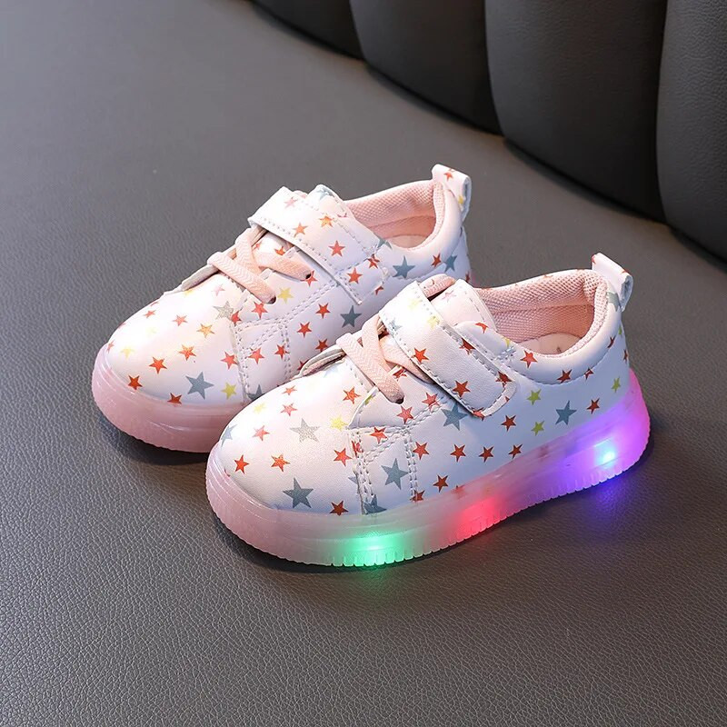Pantofi cu LED-uri pentru copii, pantofi care strălucesc pentru copii, pantofi casual, imprimeu la modă, din piele PU, pantofi pentru fete, talpă moale, pantofi anti-alunecare, pantofi drăguți de bord