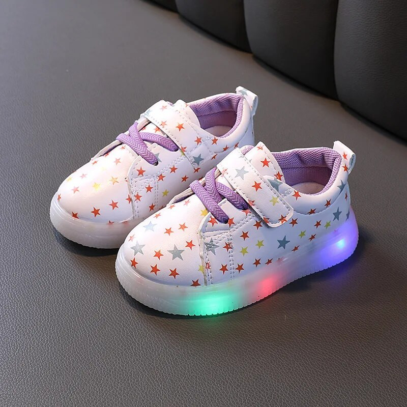 Pantofi cu LED-uri pentru copii, pantofi care strălucesc pentru copii, pantofi casual, imprimeu la modă, din piele PU, pantofi pentru fete, talpă moale, pantofi anti-alunecare, pantofi drăguți de bord