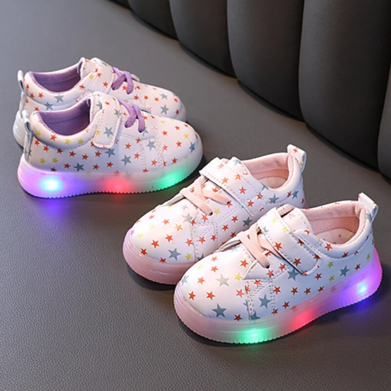 Pantofi cu LED-uri pentru copii, pantofi care strălucesc pentru copii, pantofi casual, imprimeu la modă, din piele PU, pantofi pentru fete, talpă moale, pantofi anti-alunecare, pantofi drăguți de bord