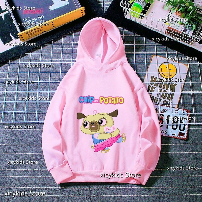 Dukserice s kapuljačom za slatke djevojke Smiješne animacije Crtani ispisi čipsa i krumpira Dječja majica s kapuljačom Jesen Zima Dugih rukava Slatka majica s kapuljačom za bebe