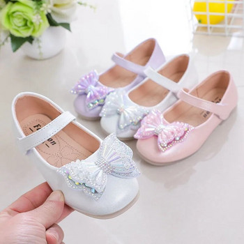 Ежедневни обувки за момичета Принцеса Бебешки обувки с лък с пайети Плоски обувки Модни детски кожени обувки за изпълнение 2023 Пролет Лято Нови H155