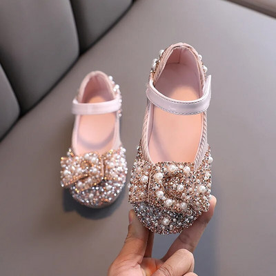 2023 Нови детски обувки с перлени кристали Блестящи детски обувки за принцеси Обувки за бебета и момичета Парти и сватба D487