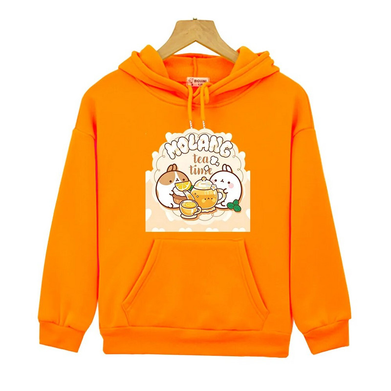 Molang και Piupiu Drink Tea Printing Streetwear Kawaii Hoodies Φούτερ για αγόρια και κορίτσια Φθινοπωρινά ζεστά μακρυμάνικα παιδικά μπλουζάκια