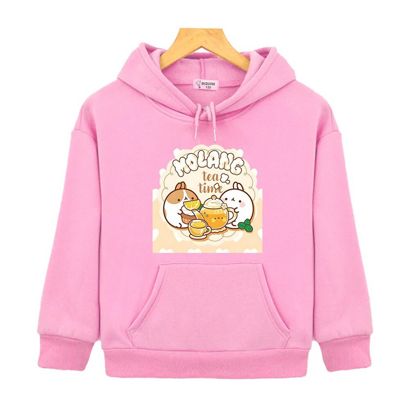 Molang και Piupiu Drink Tea Printing Streetwear Kawaii Hoodies Φούτερ για αγόρια και κορίτσια Φθινοπωρινά ζεστά μακρυμάνικα παιδικά μπλουζάκια