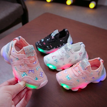 Есенни детски LED маратонки за момичета Малки принцеси Ежедневни диамантени детски светещи обувки Маратонки с пеперуда на принцеса