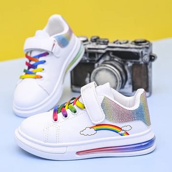 Детски обувки Pu кожа с подметка с въздушна възглавница Есенни маратонки 2023 Детски модни маратонки Rainbow Цветни момичета Бели ежедневни обувки