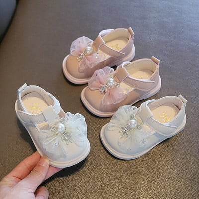 Кожени обувки за момичета за банкетно парти 2023 Spring Kids Mary Jane Sweet Pearl Lace Bow Princess Бебешки обувки Chaussure Enfant Fille