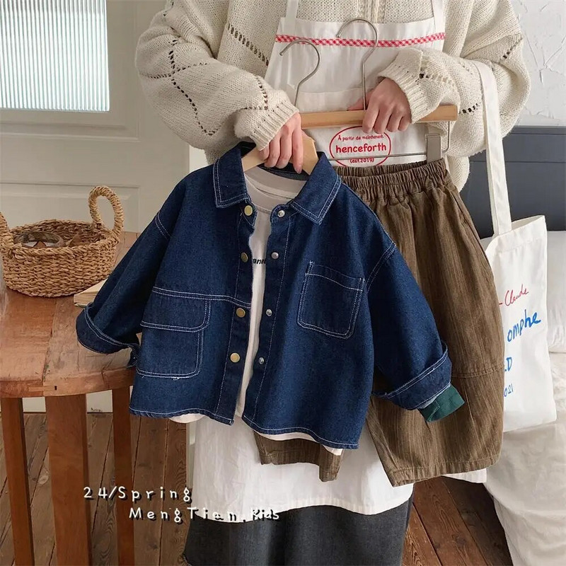 Κορεάτικη άνοιξη 2024 Παιδικό μπουφάν για αγόρι Βαμβακερή αντίθεση Χαλαρό τζιν παλτό για μωρά, μασίφ γυρισμένο γιακά Παιδικά παλτό για αγόρια