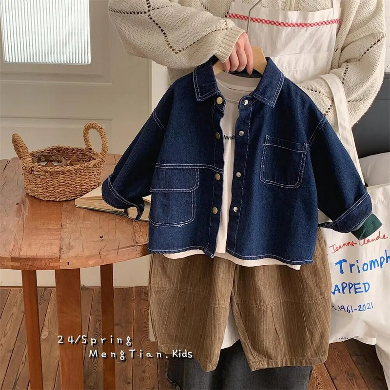 Κορεάτικη άνοιξη 2024 Παιδικό μπουφάν για αγόρι Βαμβακερή αντίθεση Χαλαρό τζιν παλτό για μωρά, μασίφ γυρισμένο γιακά Παιδικά παλτό για αγόρια